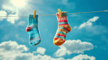 Wall Mural - Colorful socks  drying on a clothesline against blue sky at sunny day