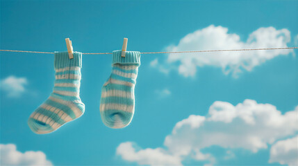 Wall Mural - Colorful socks  drying on a clothesline against blue sky at sunny day