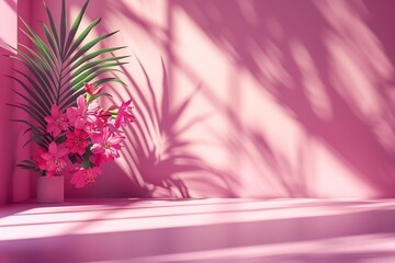 Wall Mural - A pink room with a plant and a window. Pink studio background for product presentation