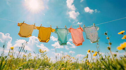 Wall Mural - baby clothes on clothesline against blue bright sky with sun in sunny day