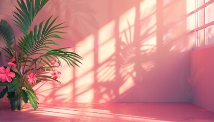 Wall Mural - A pink room with a plant and a window. Pink studio background for product presentation