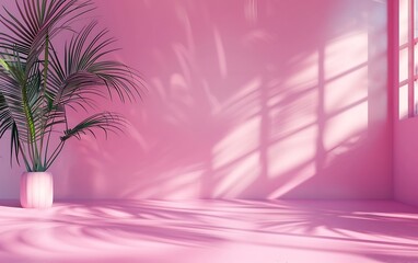 Wall Mural - A pink room with a plant and a window. Pink studio background for product presentation