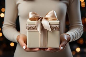 Woman in her hands holds a white gift box with brown ribbon and different background