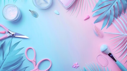 Modern Minimalistic Manicure Shop Background with Flying Nail Files, Gel Polish, Scissors, and Flashes for Website Design
