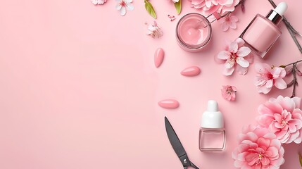 Sticker - Sleek Minimalistic Background for Manicure Shop Featuring Flying Nail Files, Gel Polish, Scissors, and Flashes Website