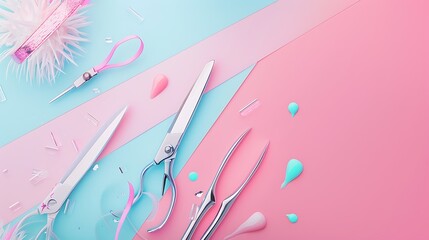 Wall Mural - Sleek Minimalistic Background for Manicure Shop with Elegant Flying Nail Files, Gel Polish, Scissors, and Flashy Website Design