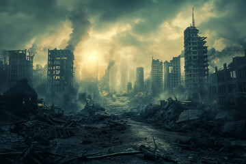 apocalyptic view of destroyed world, post apocalypse after world war or natural disaster