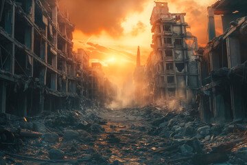 apocalyptic view of destroyed world, post apocalypse after world war or natural disaster
