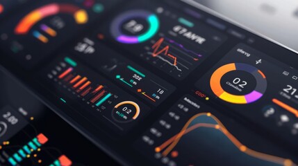Poster - A close-up shot of a digital device displaying a variety of colorful data visualizations, including charts, graphs, and pie charts.