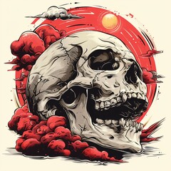 A skull with red clouds in the background