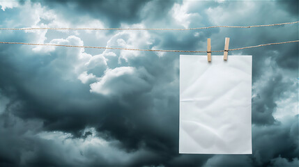 Wall Mural - blank white hanging on a clothesline against cloudy sky