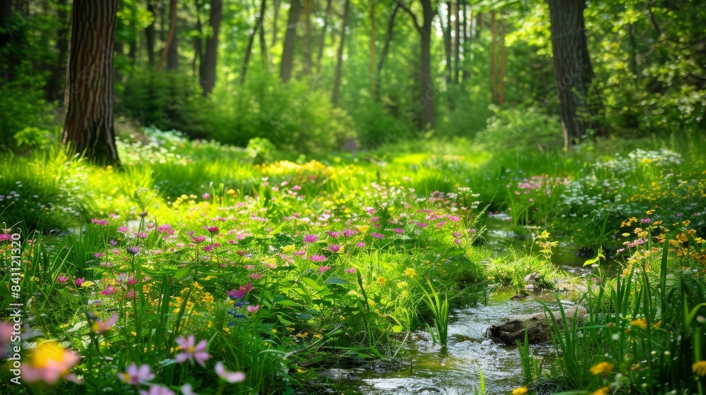Lush green forest with beautiful wildflowers and a serene stream ...