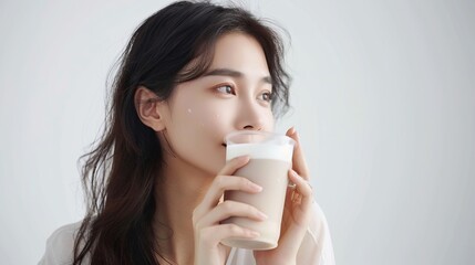 Wall Mural - an Asian woman drinking ice milk tea, set against a solid white background