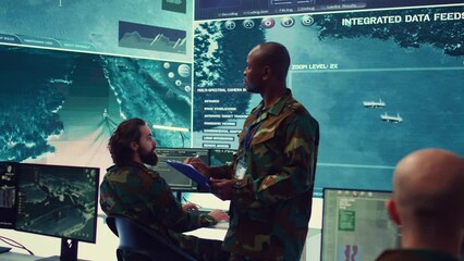 Poster - Navy captain oversees collecting important data for a national defense mission, targeting enemy vessels with the satellite radar system. Reconnaissance in a military base of operations. Camera B.