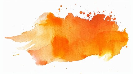 A bright orange watercolor stain with yellow undertones, splattered on a white background, copy space