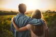 © Lyndon/peopleimages.com - Back, hug and couple bonding, outdoor and together in nature, love and date for anniversary in park. Morning, partner and person with embrace, sunrise and peace in field and relax in Texas in farm
