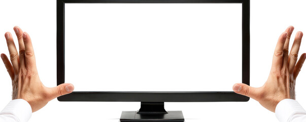 Poster - A man is holding a computer monitor with a black screen. Concept of emptiness and potential, as the monitor is empty and the man is holding it up as if it were a blank canvas