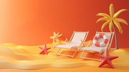 Summer beach scene with two lounge chairs, palm tree, starfish, and lifebuoy on golden sand with bright orange background. 3D Illustration.