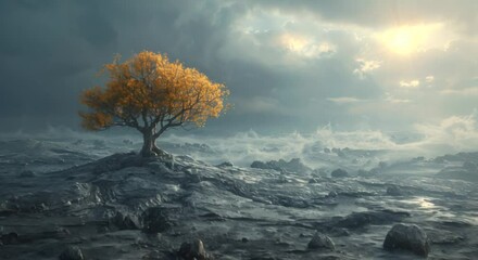 Wall Mural - Dramatic lighting on an isolated tree in a barren landscape, focusing on survival themes