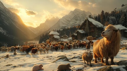 Wall Mural - Enchanted winter night scene with animals gathered around snowy village  