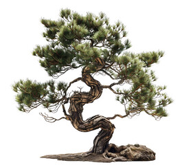 detailed very rare torrey pine, coastal pine, tree with its unique twisted trunk, branches, and slen