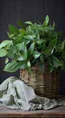 Poster - A close-up image of a cluster of green leaves in a wicker basket, resting on a rustic wooden table with a faded green cloth draped beside it