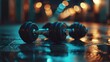 © mongkonchai - Close-up of metal dumbbell with a textured grip on a simple background, fitness and strength training concept, banner backdrop.