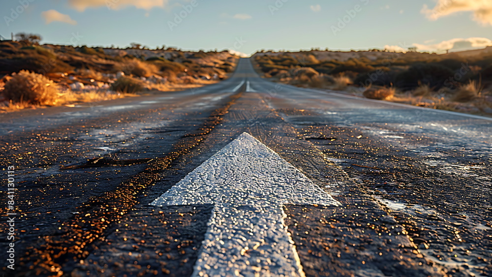 An asphalt road with a painted white arrow pointing forward ...