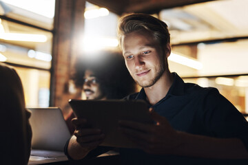 Poster - Research, tablet and employee in night, smile and reading for deadline in office, online and finance. Boardroom, dark and man working late, auditor and collaboration for project, budget or company