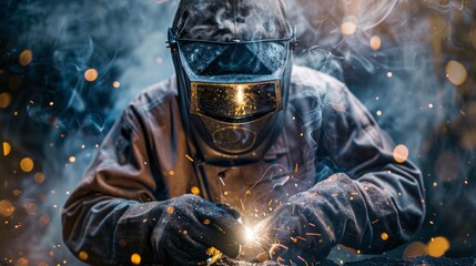 Poster - A man in a welding suit is working on a piece of metal