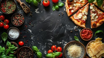 Banner with Free Space Surrounded by Spices Cheese Tomatoes Basil and Pizza Concept Culinary Ingredients and Food Design.
