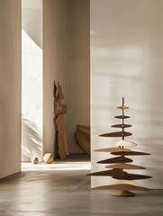 Poster - Minimalist Japandi-Style Christmas Tree in a Serenely Lit Room with Sustainable and Eco-Friendly Design Elements