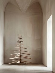 Poster - Minimalistic Japandi-Style Christmas Tree in a Modernist White Room with Soft Lighting for a Sustainable Holiday