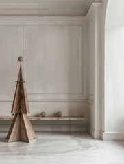 Poster - Elegant Japandi-Style Christmas Tree in a Modern Minimalist White Room with Sustainable Design