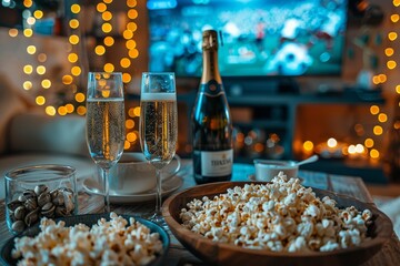 Wall Mural - A bowl of popcorn and a glass of beer on a table prepare for watching soccer tournament