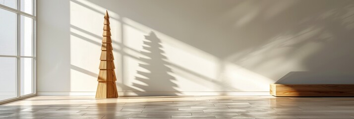 Poster - Eye-level View of a Sustainable Wooden Christmas Tree in a Minimalist Japandi-Style Interior
