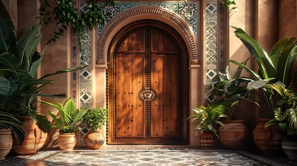 Wall Mural - A luxurious entrance with a sandalwood door and a Moroccan tile floor