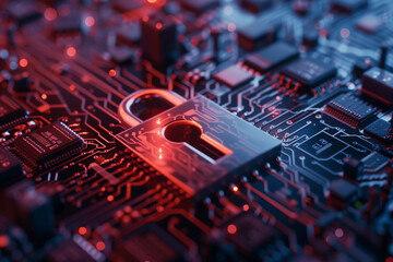 Poster - A red and blue computer screen with a glowing lock on it. Concept of security and protection, as the lock is a symbol of safety and privacy