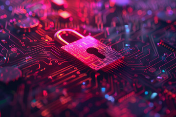 Poster - A red and blue computer screen with a glowing lock on it. Concept of security and protection, as the lock is a symbol of safety and privacy
