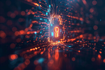 Poster - A red and blue computer screen with a glowing lock on it. Concept of security and protection, as the lock is a symbol of safety and privacy