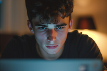 Poster - A young man is looking at a computer screen