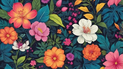 Wall Mural - Lush floral pattern with vivid flowers and leaves background Generative Ai