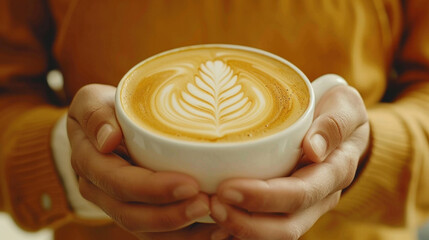 A person is holding a cup of coffee with a leaf design on it. The coffee is hot and the person is wearing a yellow sweater