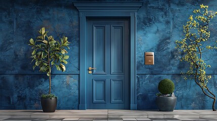 Wall Mural - A minimalist entrance with a navy door and a copper mail slot