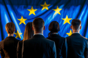 European Union politics concept image with back view of formal unrecognizable politicians at EU parliament in front of the European Union flag