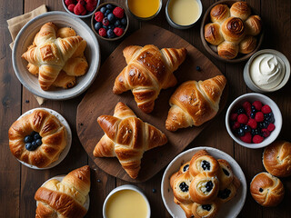 A top-down view of a rustic wooden table filled with an assortment of freshly baked pastries