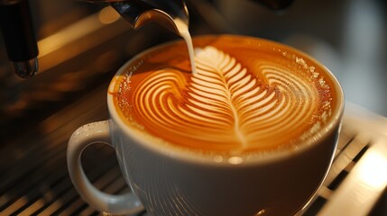 Close-up of latte, steaming, intricate leaf pattern being poured, isolated background, sharp studio lighting