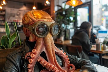 Wall Mural - a man wearing an octopus mask at a restaurant