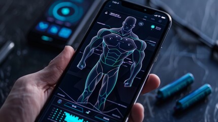 Poster - A hand holds a smartphone displaying a digital illustration of a muscular human body on a dark background.