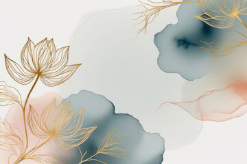 Wall Mural - Artistic wallpaper with gold lotus flowers and leaves in light colors.